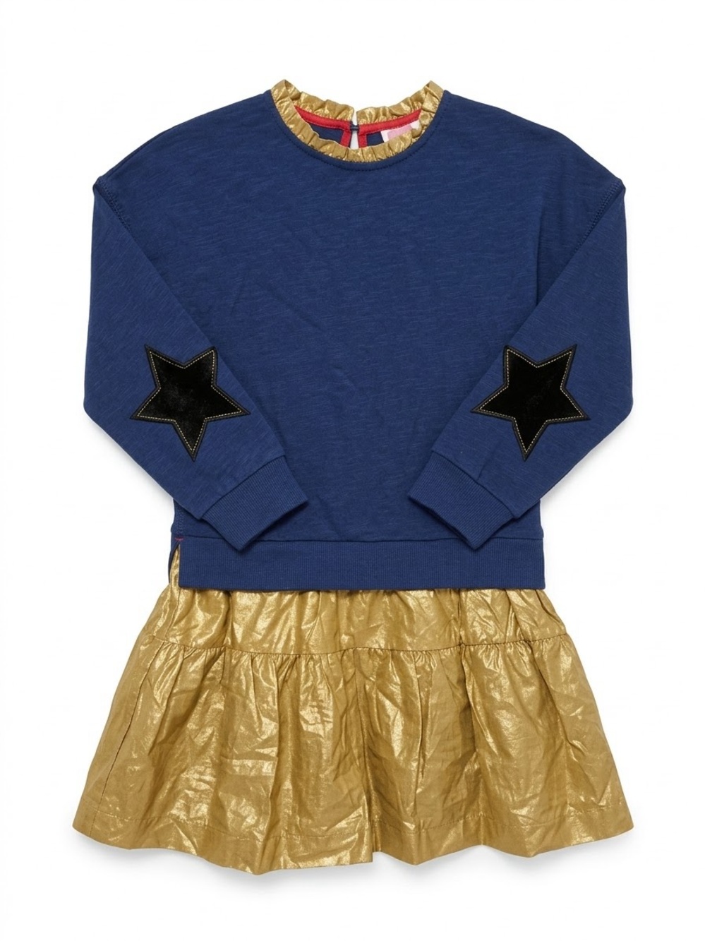 Mini Boden Gold Star Appliqué Navy Blue Dress Size 7-8 Girls
